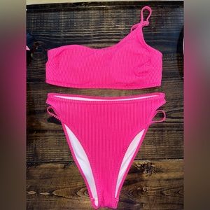 Hot pink one strap high waisted Shein bathing suit set